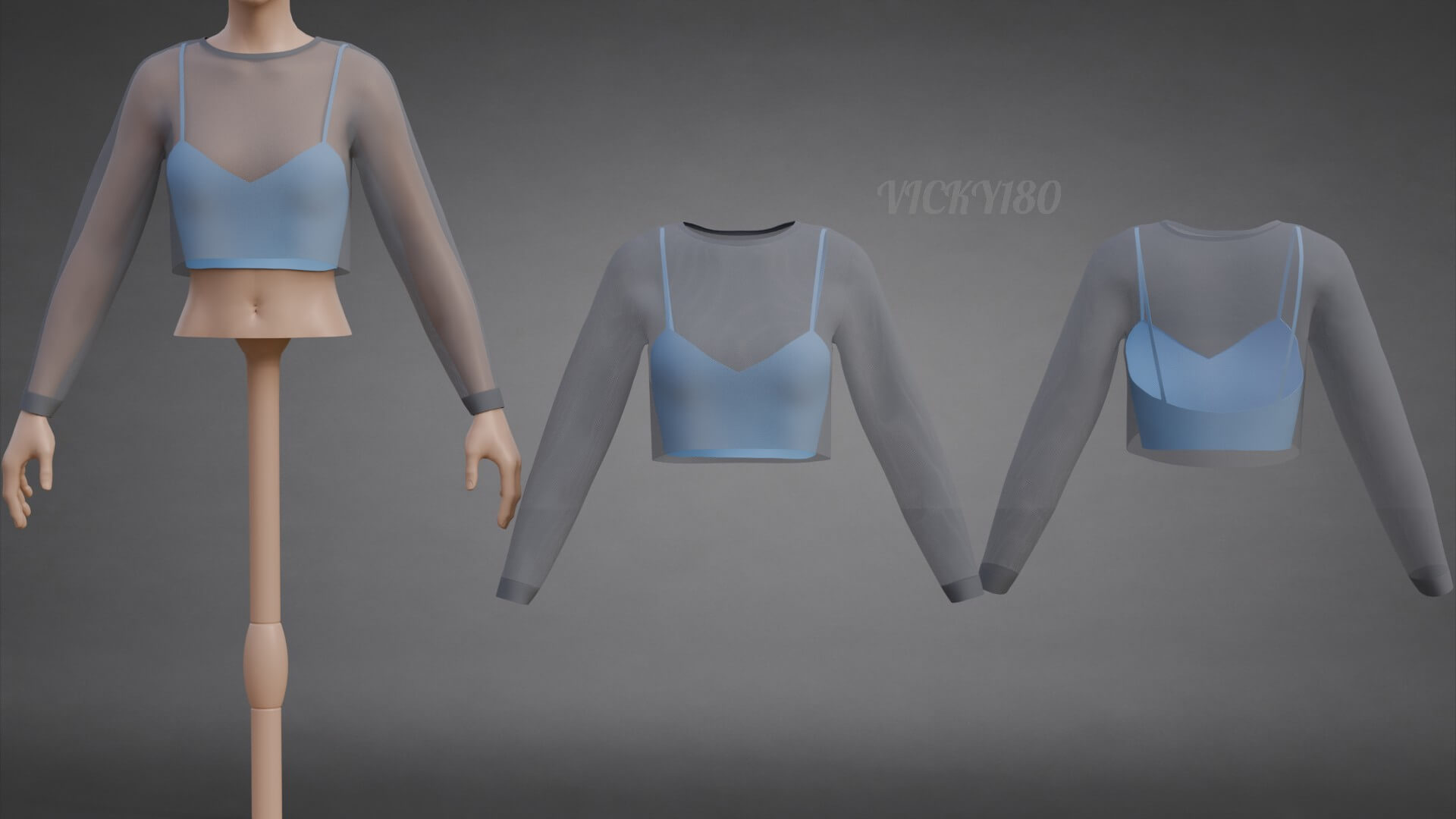 Two-Tone Mesh Crop Top & Cami Tank Top Sheer Clothing 3D Model