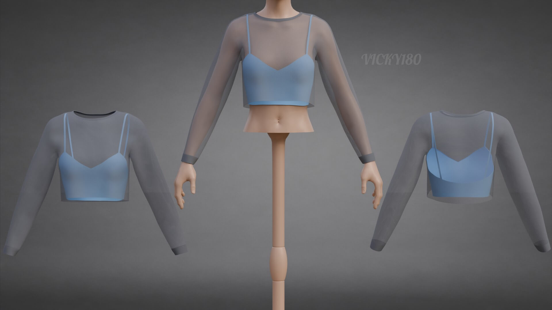 Two-Tone Mesh Crop Top &amp Cami Tank Top Sheer Clothing 3D Model