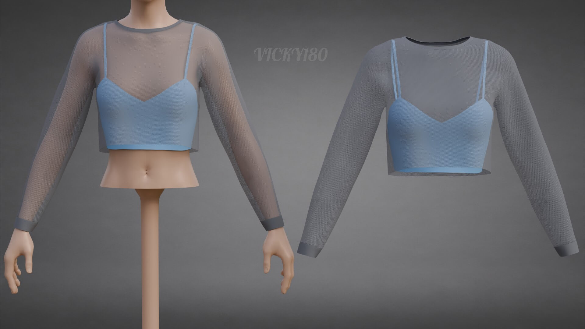 Two-Tone Mesh Crop Top &amp Cami Tank Top Sheer Clothing 3D Model