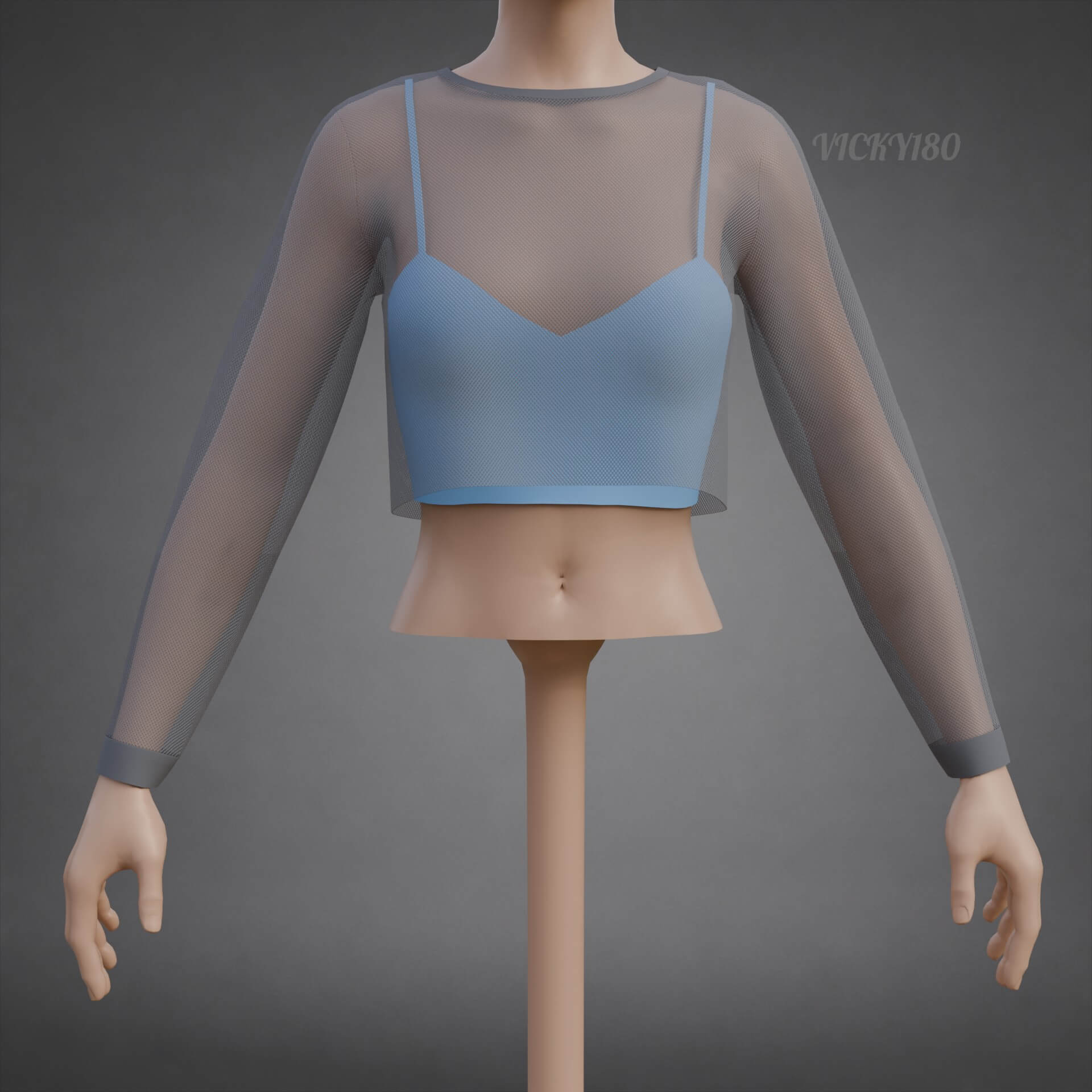 Two-Tone Mesh Crop Top & Cami Tank Top Sheer Clothing 3D Model