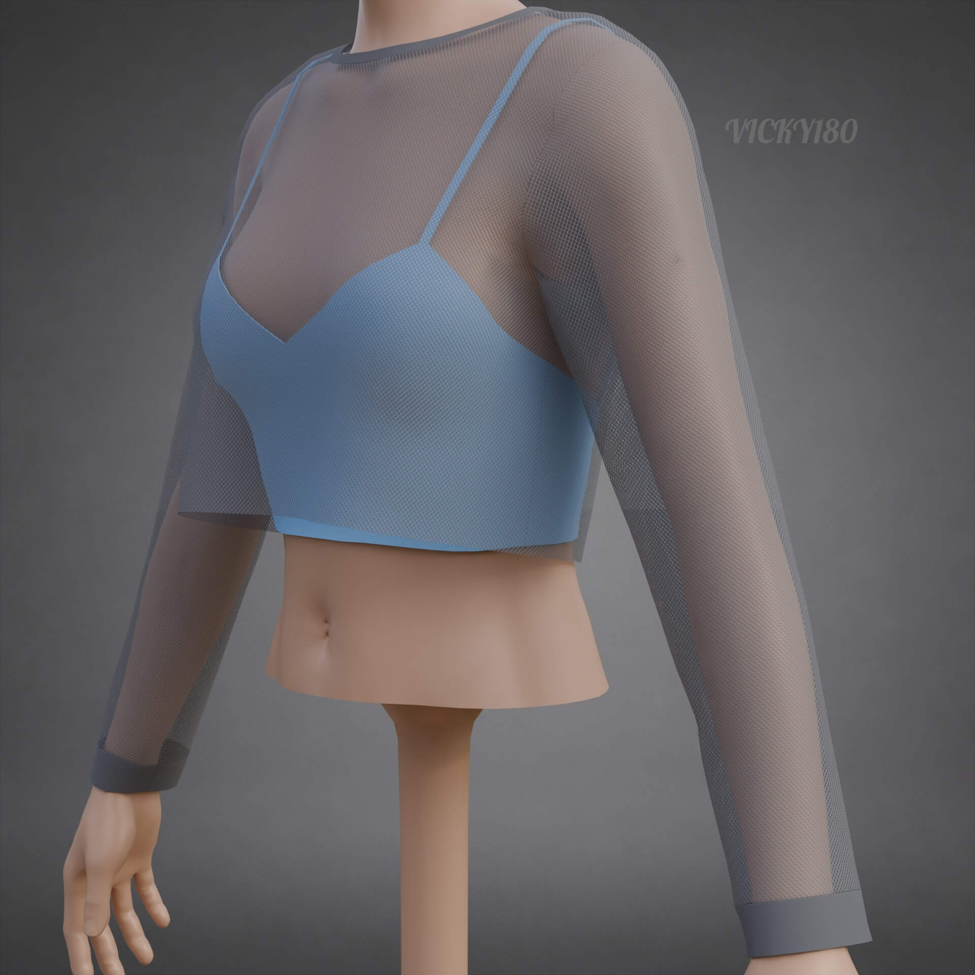 Two-Tone Mesh Crop Top &amp Cami Tank Top Sheer Clothing 3D Model