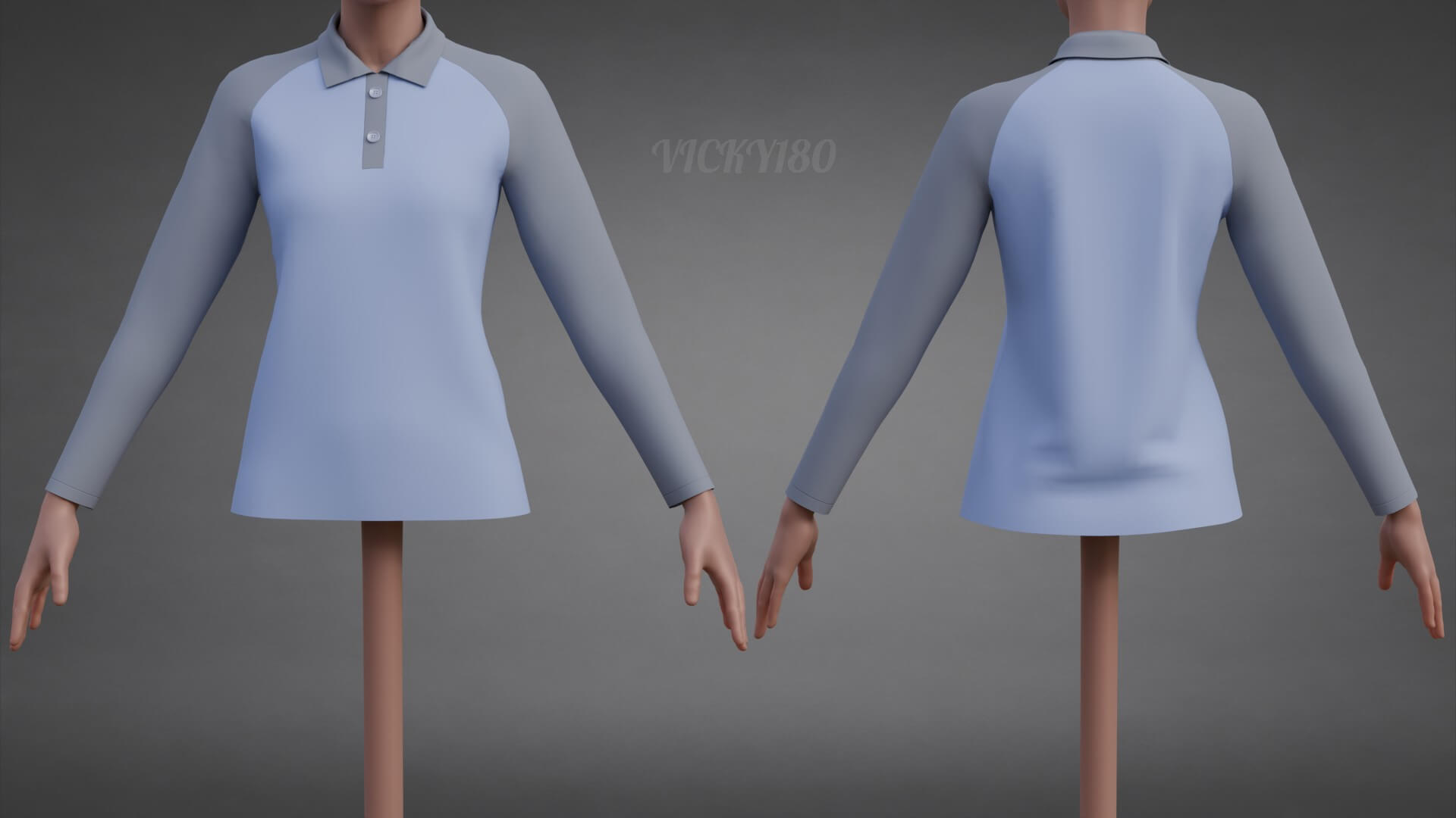 Two-Tone Raglan Polo Shirt - Female Long-Sleeve T-Shirt 3D Model