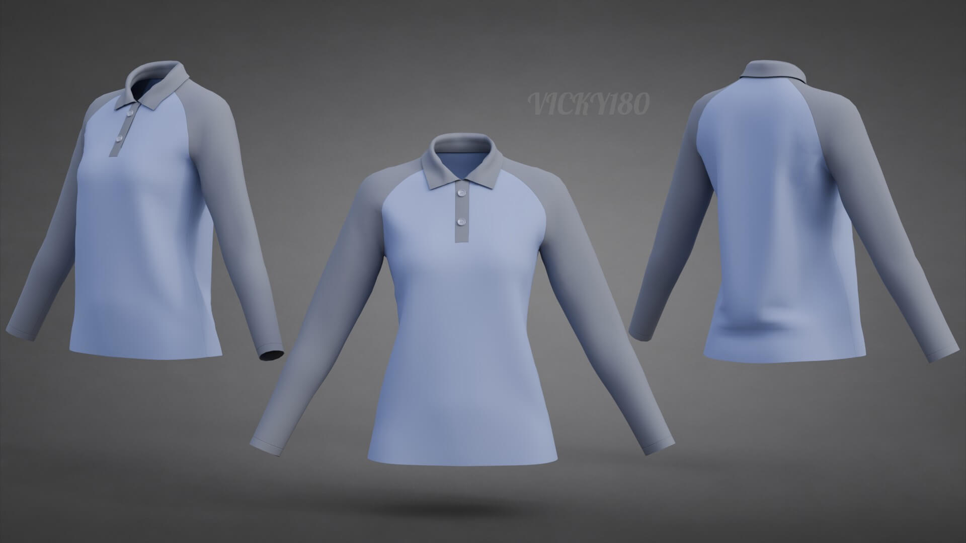 Two-Tone Raglan Polo Shirt - Female Long-Sleeve T-Shirt 3D Model