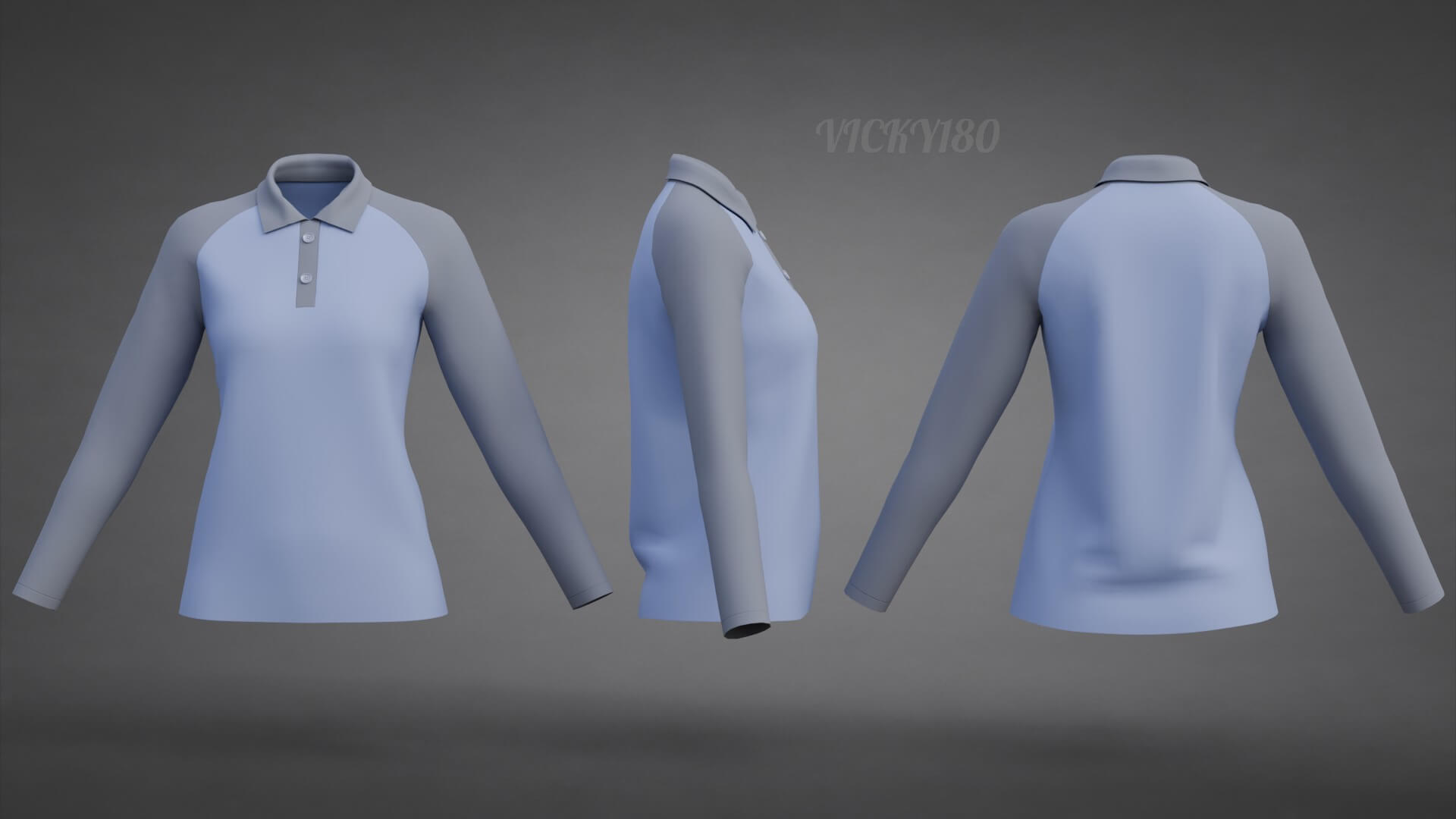 Two-Tone Raglan Polo Shirt - Female Long-Sleeve T-Shirt 3D Model
