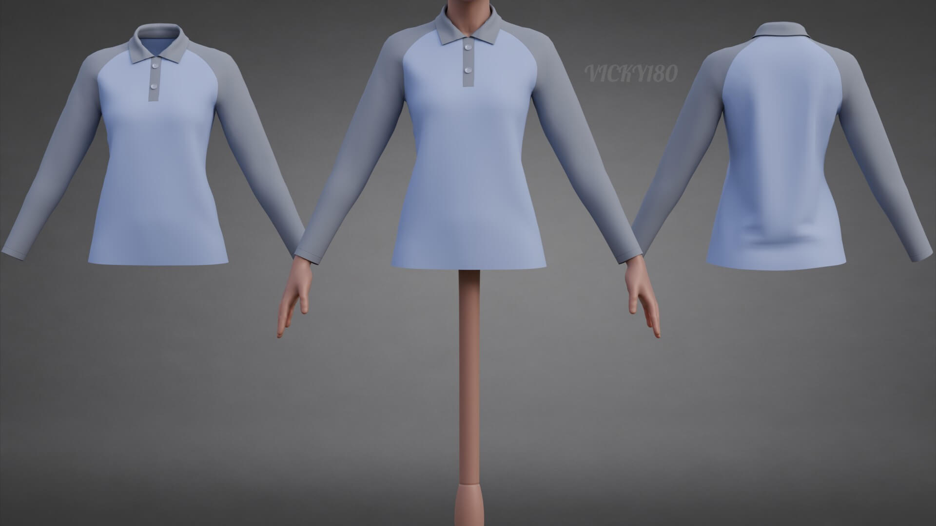 Two-Tone Raglan Polo Shirt - Female Long-Sleeve T-Shirt 3D Model