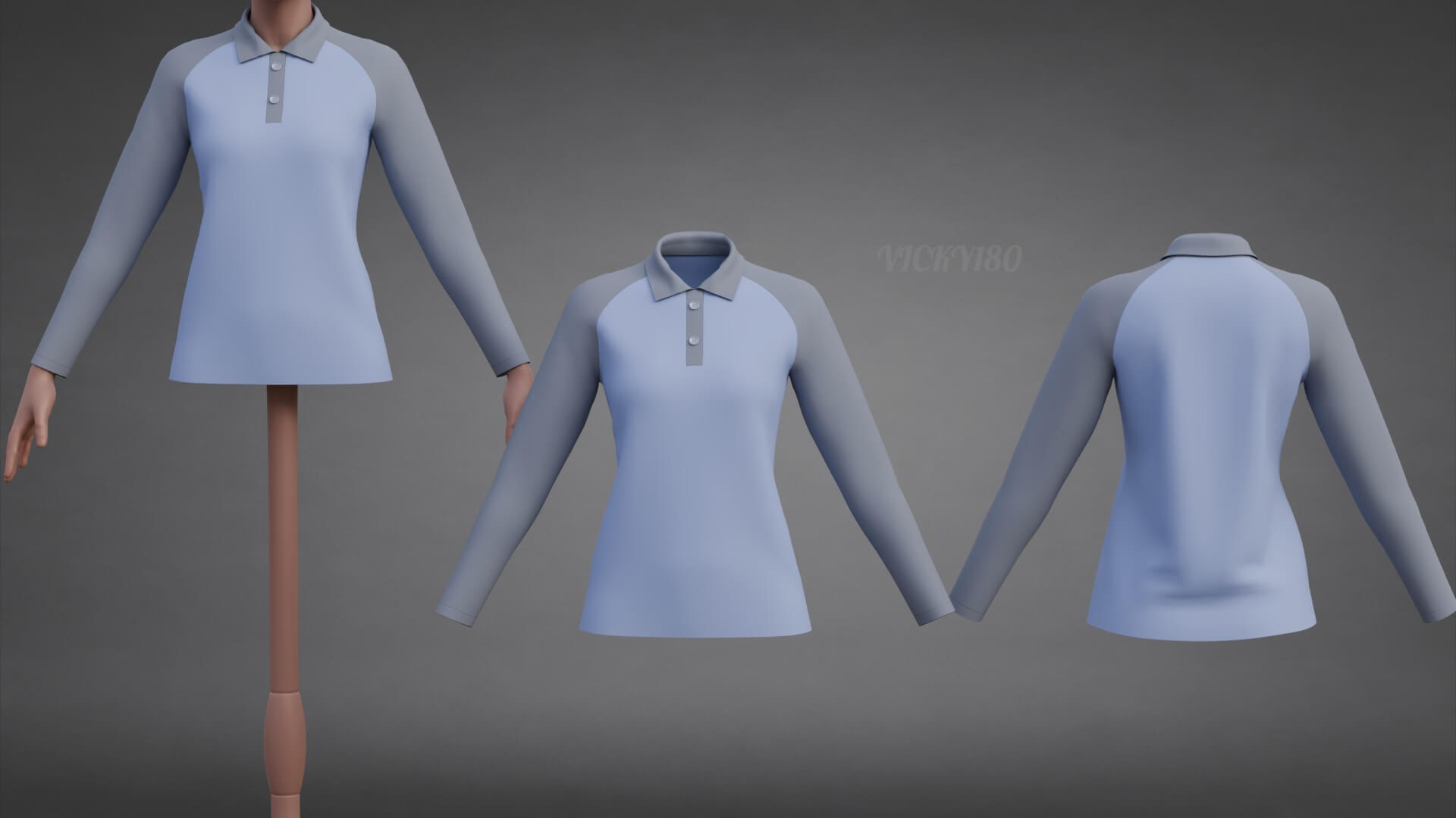 Two-Tone Raglan Polo Shirt - Female Long-Sleeve T-Shirt 3D Model
