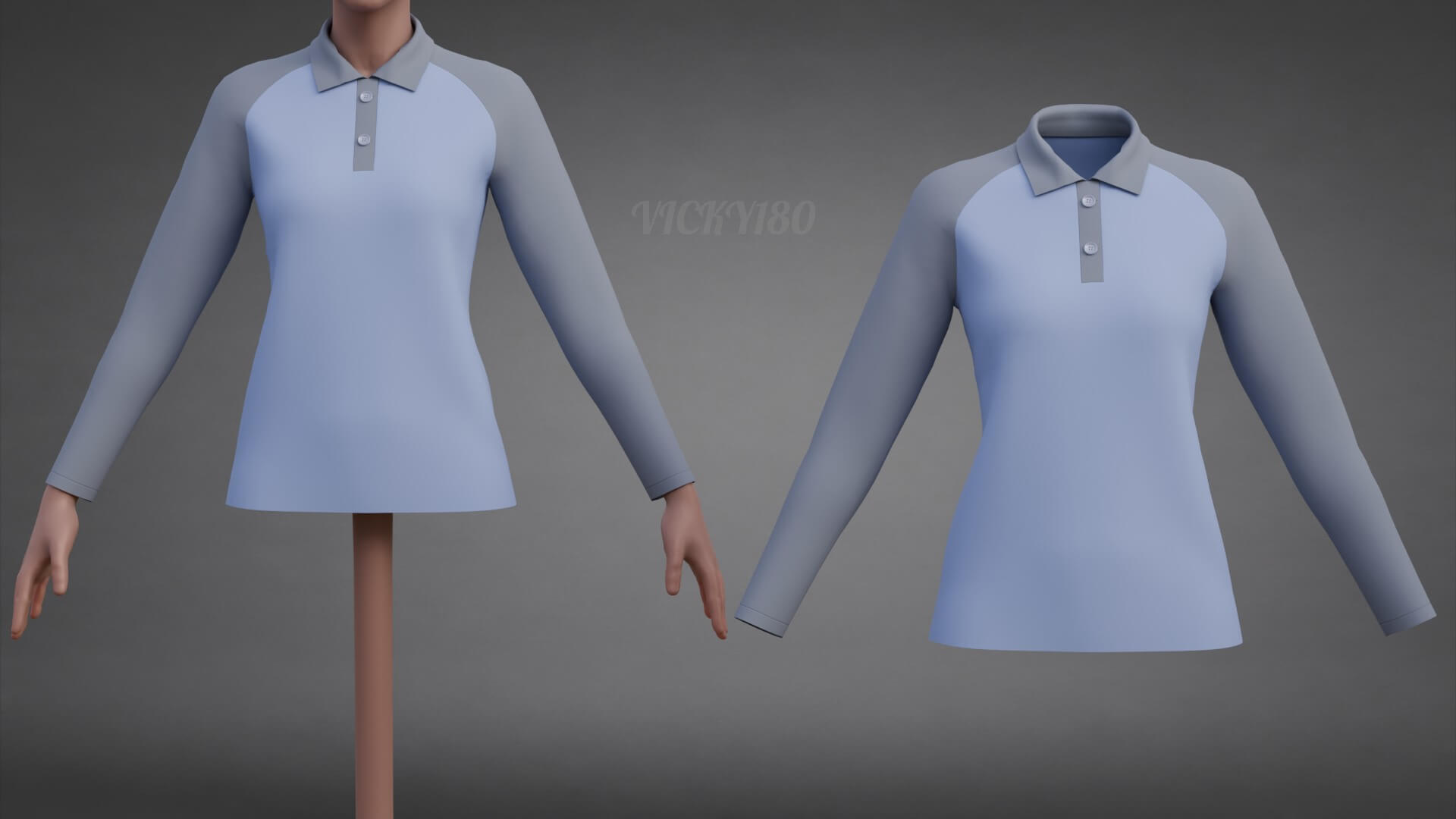 Two-Tone Raglan Polo Shirt - Female Long-Sleeve T-Shirt 3D Model