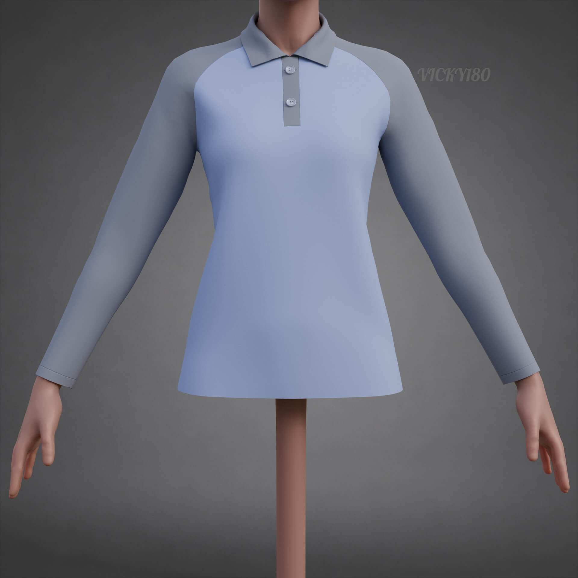 Two-Tone Raglan Polo Shirt - Female Long-Sleeve T-Shirt 3D Model