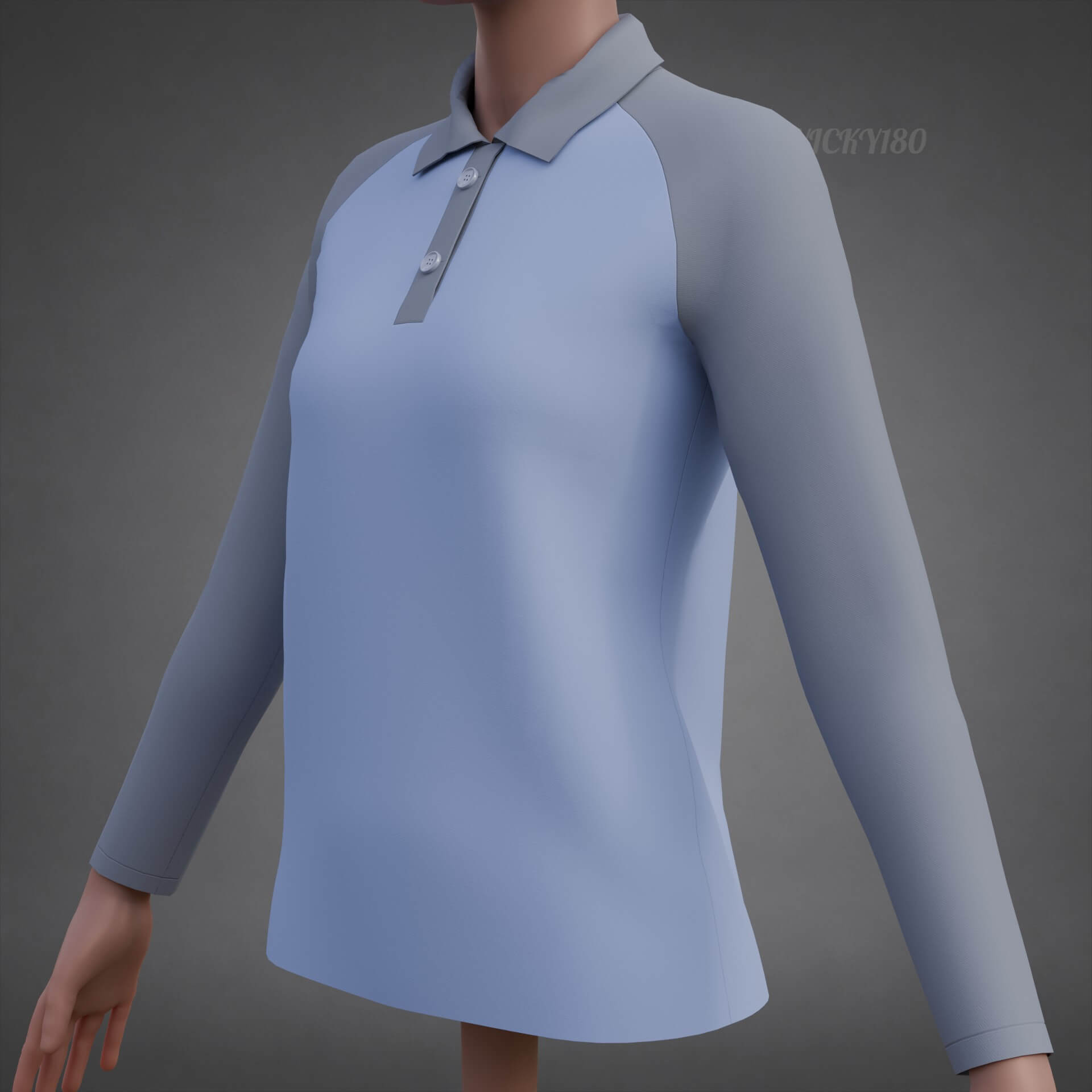 Two-Tone Raglan Polo Shirt - Female Long-Sleeve T-Shirt 3D Model