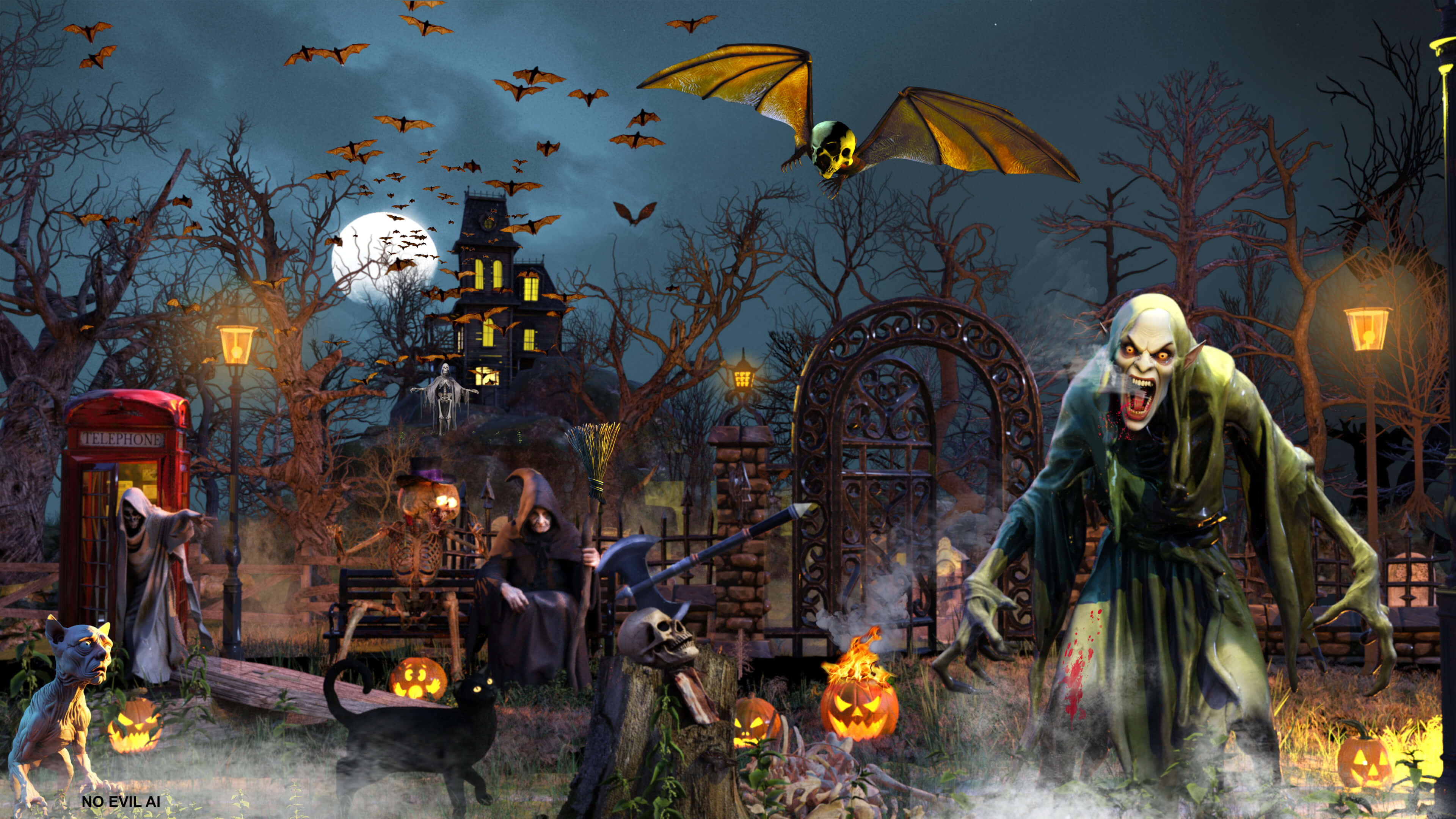 Halloween Cemetery Scene 3D Render, Digital Artwork by Yemil