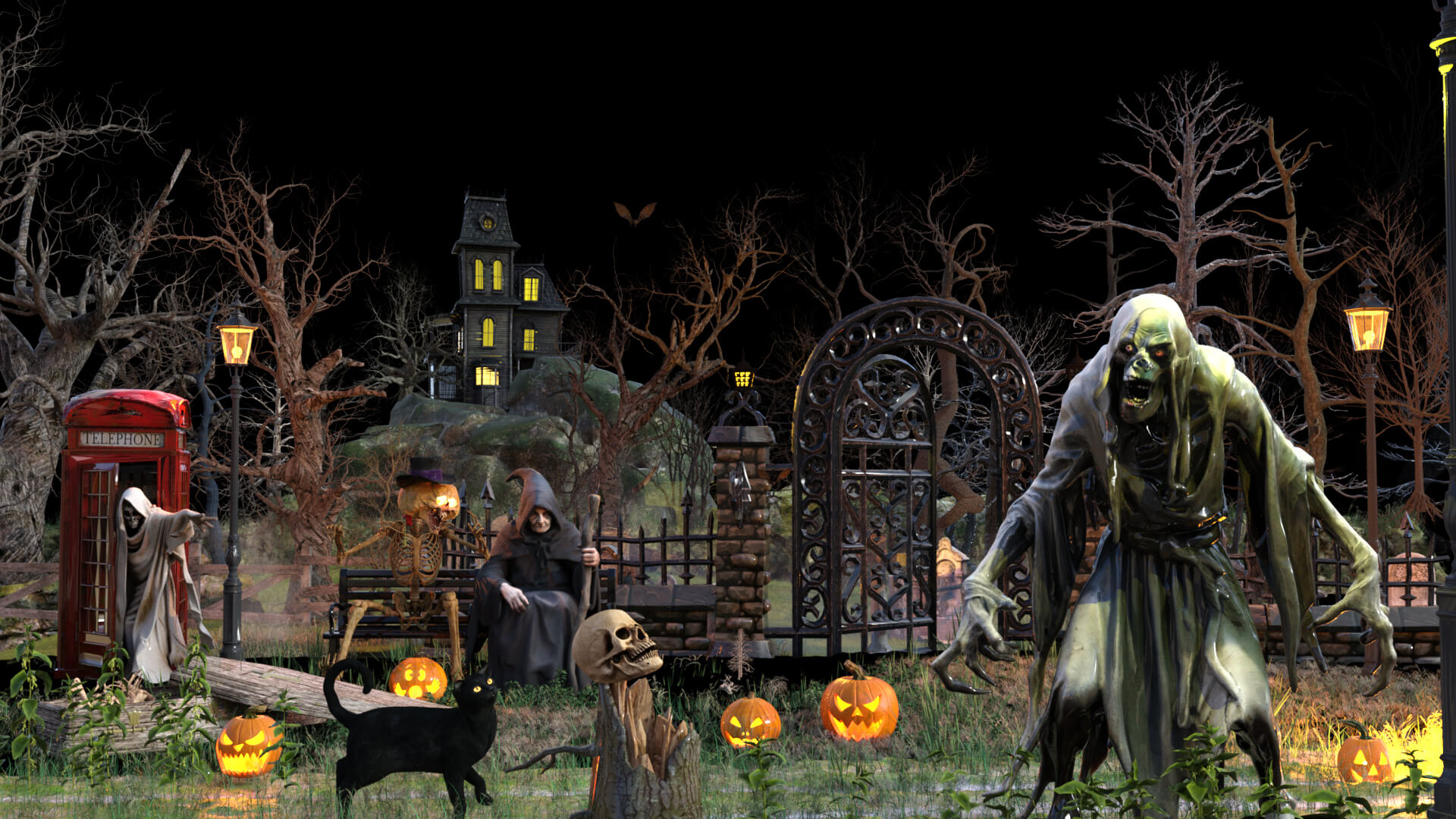 Halloween Cemetery Scene 3D Render, Digital Artwork by Yemil