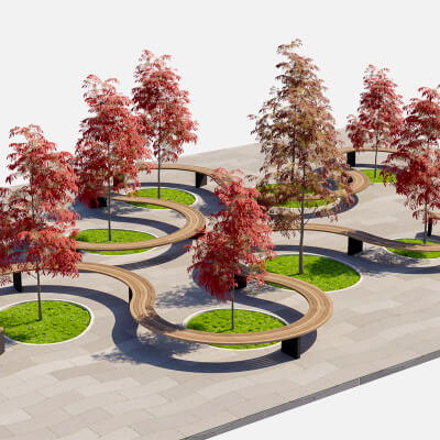 Curved Modular Landscape Seating Set with Autumn Trees and P