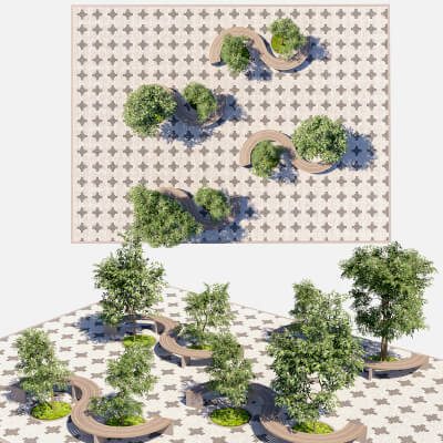 Modern Curved Modular Bench and Tree Planter Set