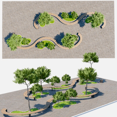 Modern Organic Curved Bench & Landscape Plaza 3D Model