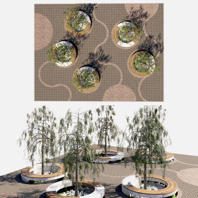 Modern Urban Park Plaza with Circular Tree Planters and Benc